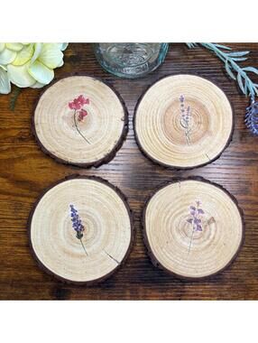 Wooden Coasters Set of 4, Minimalistic Floral, Housewarming, CottageCore